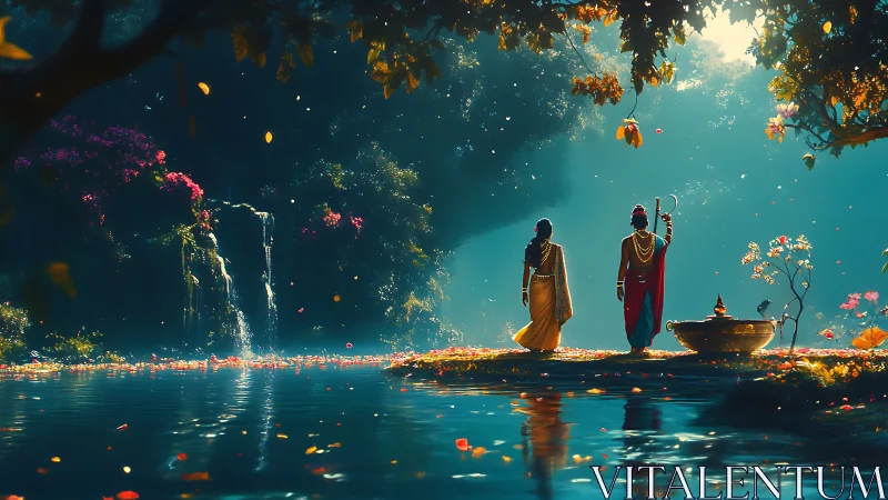 Divine figures by luminous forest waterfall in golden dusk.