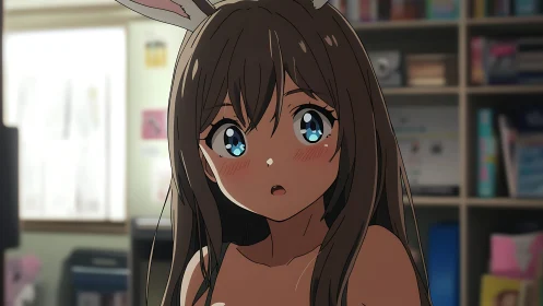 Anime girl with bunny ears stands surprised in soft room light