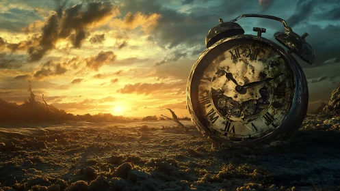 Rusted alarm clock in desolate wasteland at burning sunset.