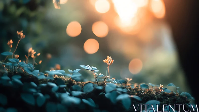 Tiny woodland sprouts under warm sunset bokeh glow.