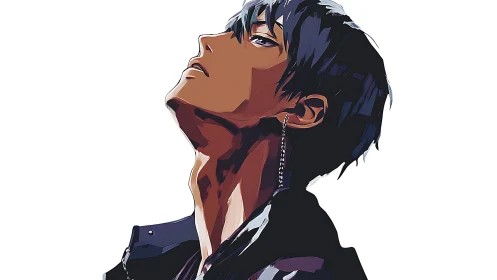 Brooding anime boy tilts head upward under stark light.