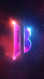 Neon letter B with split glow in star field background.