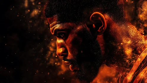 Firelit athlete dissolves into cosmic embers and shadows.