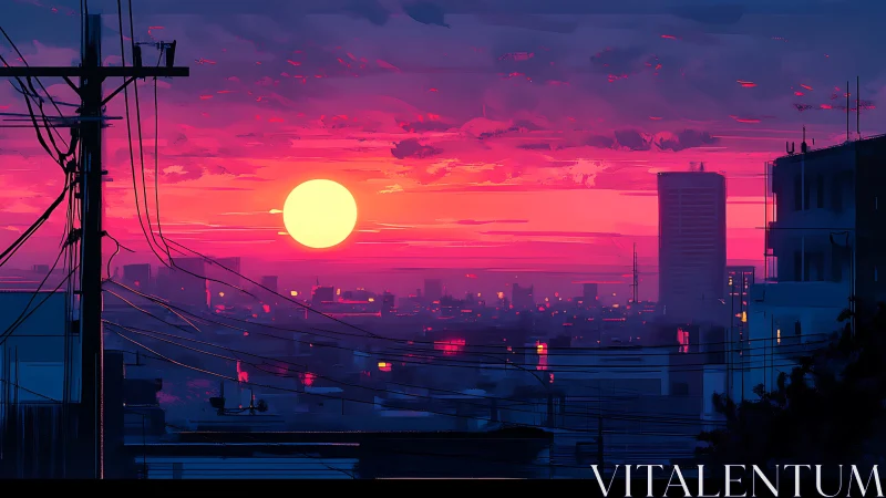 Sun sets over dense city skyline with silhouetted power lines