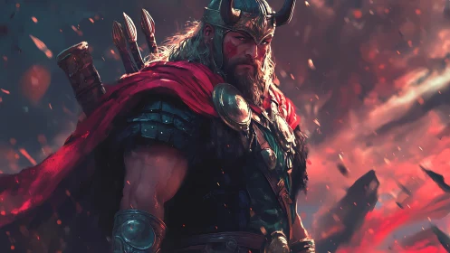 Storm-crowned Viking warlord strides through emberlit chaos.