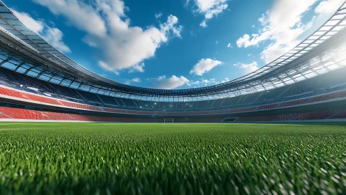 Sunlit football arena with lush pitch and sweeping stands.