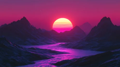 Neon horizon sun setting over violet polygonal mountains.