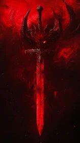 Vertical crimson sword appears amid dense red vapor field