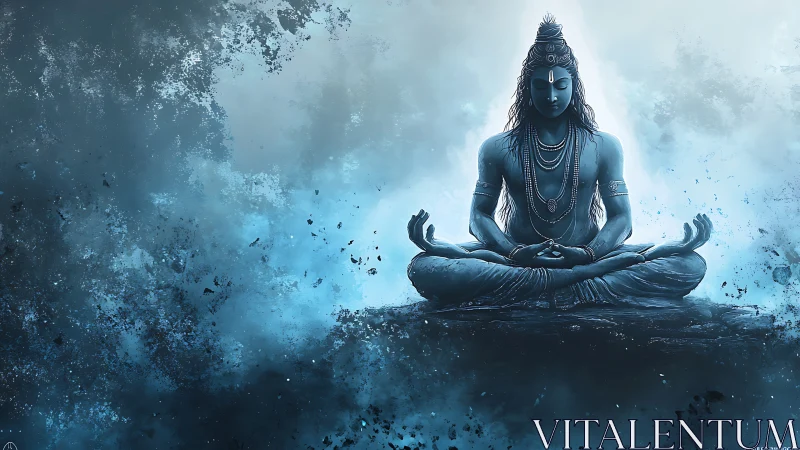 Meditating blue deity rendered in atmospheric digital abstraction