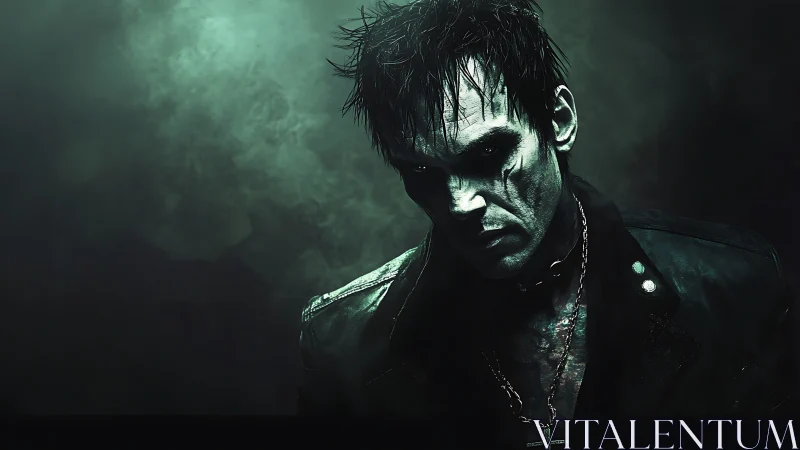 Brooding undead antihero framed in toxic green mist