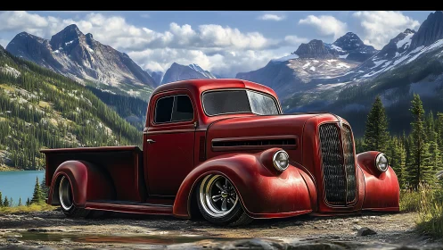 Custom vintage red pickup truck in alpine mountain landscape.