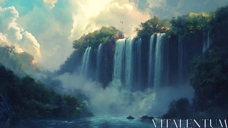 Dense rainforest cliffs with wide multi tier waterfall view.