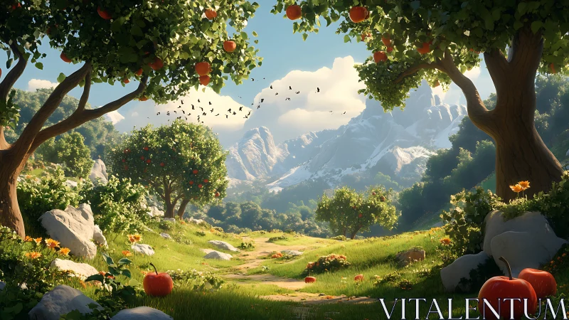 Sunlit apple trail winding toward whispering snow peaks.