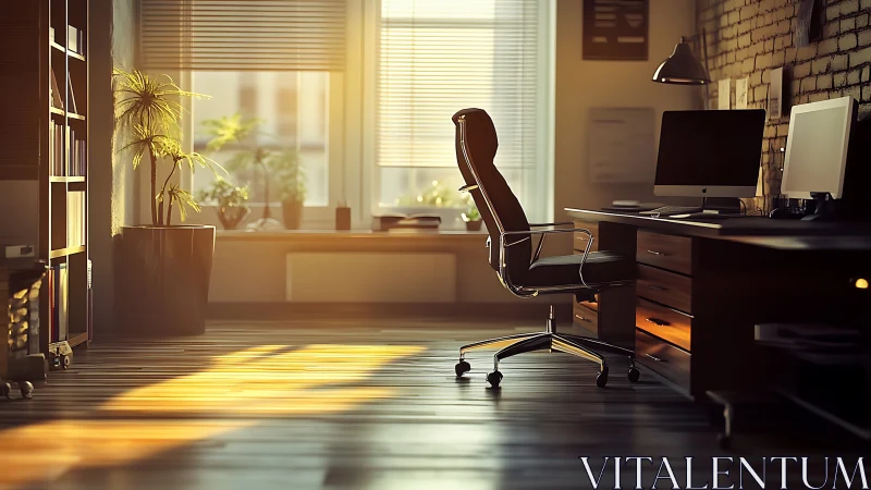Sunlit workspace shows office chair, desk and window lighting