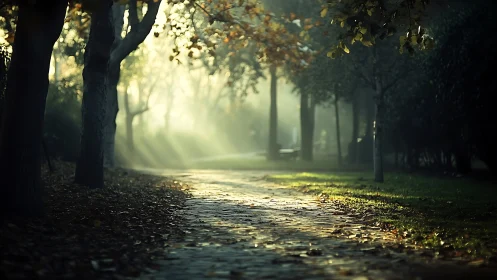 Luminous Tree-Lined Path with Atmospheric Light Rays