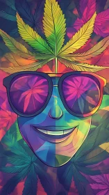 Psychedelic cannabis portrait with mirrored gradients and leaf reflections
