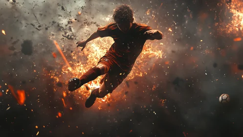 Fiery soccer striker explodes through smoke in dynamic motion