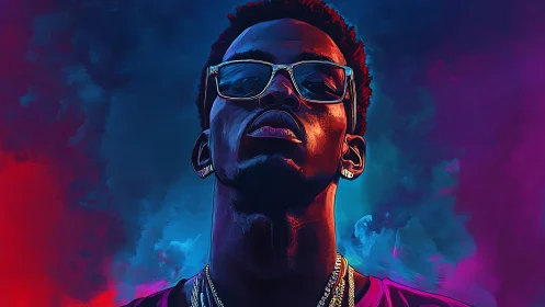 Chromatic portrait of illuminated hip-hop figure in neon haze.