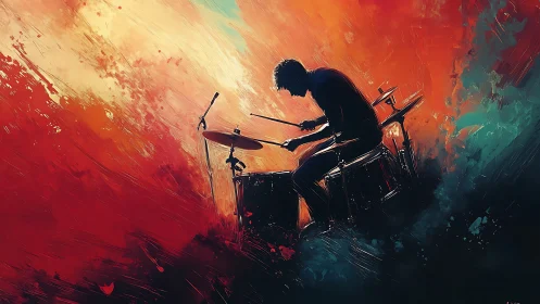Expressive digital painting of drummer in kinetic color field.