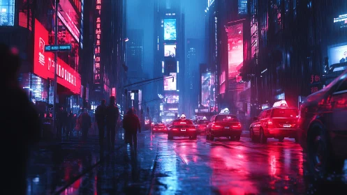 Neon taxis drifting through a rain-soaked midnight cityscape.