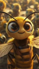 Bright-eyed cartoon bee smiles warmly in a friendly swarm