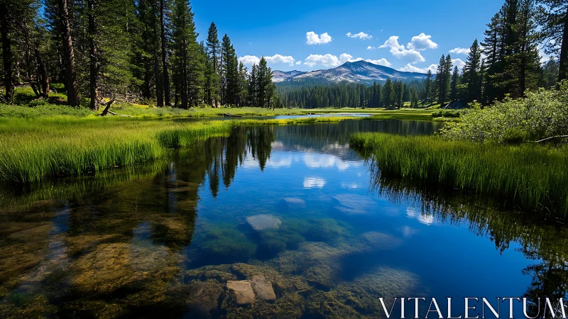 Alpine meadow lake with conifer forest and distant granite peaks