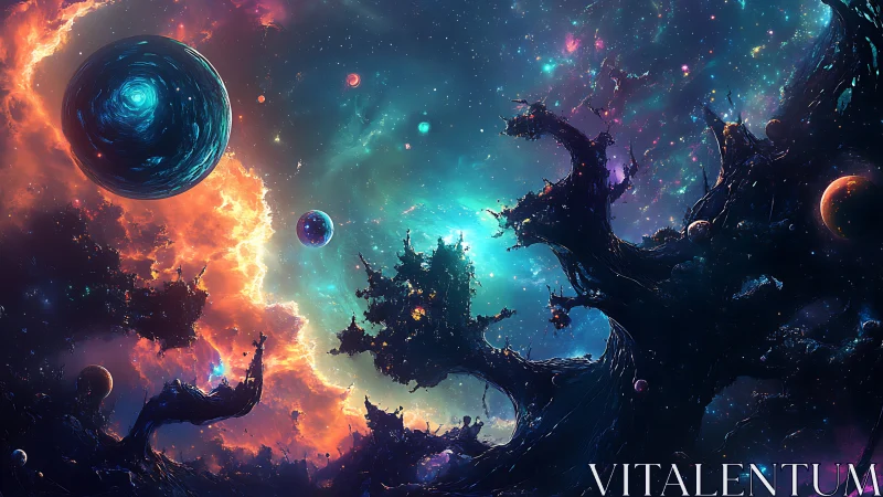 Surreal cosmic landscape with nebulas, planets and dark forms.