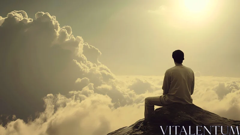 Solitary figure seated on rocky ledge above dense cloud layer.