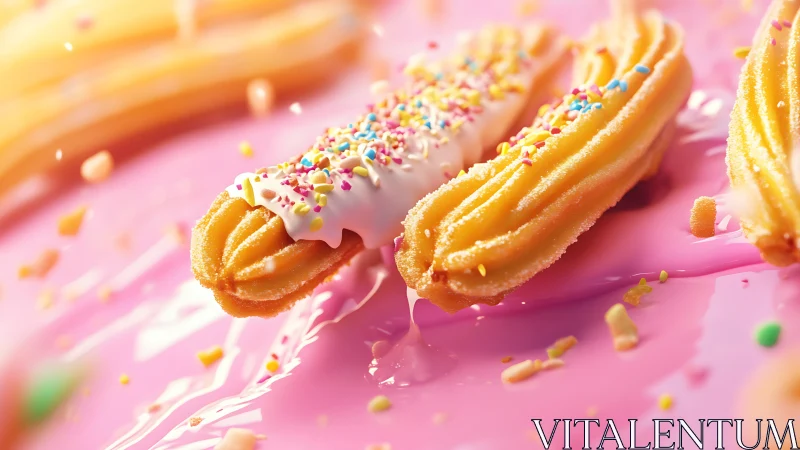 Churros with white icing and sprinkles rest on glossy pink surface