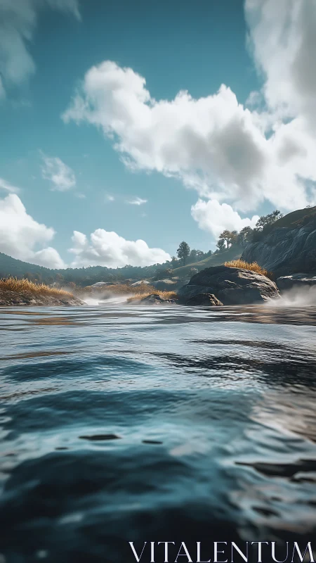 Riverside low-angle landscape with dynamic rippling water.