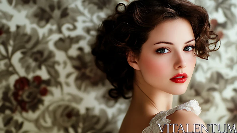 Digital portrait of woman with ruby lips and lace shoulder.