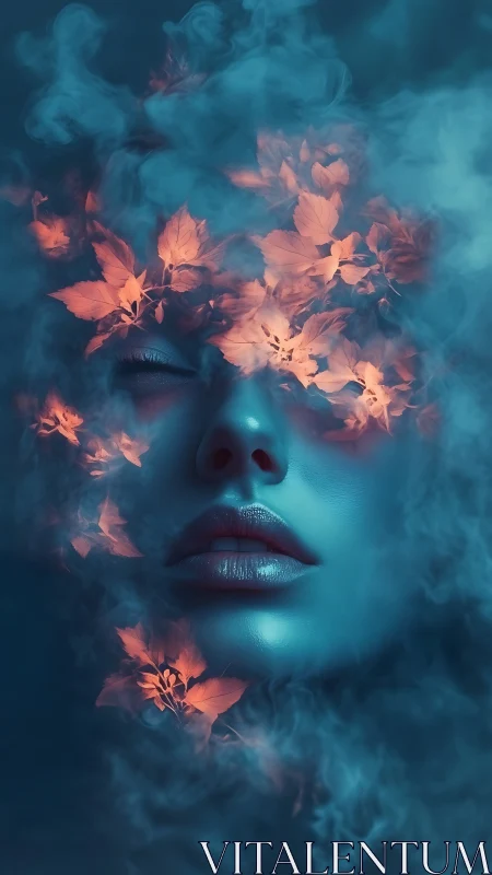 Surreal digital portrait with bioluminescent florals and mist.