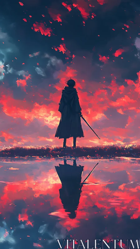 Lone swordsman beneath blazing sky and mirrored horizon.
