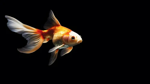 Elegant goldfish swimming on black background, realistic style.