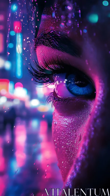 Close-up human eye with neon reflections and raindrops visible