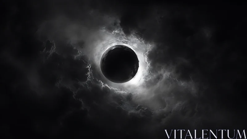 Eclipsed sphere framed by storm-lit cosmic clouds.