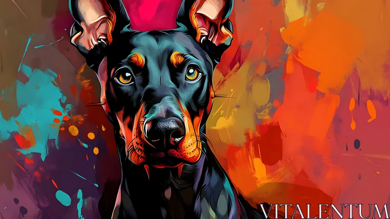 Doberman portrait in saturated abstract color field painting.
