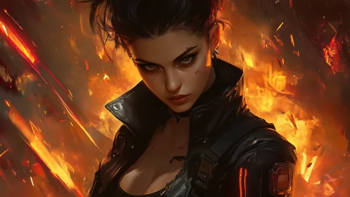 Futuristic female figure in black gear before rising flames.
