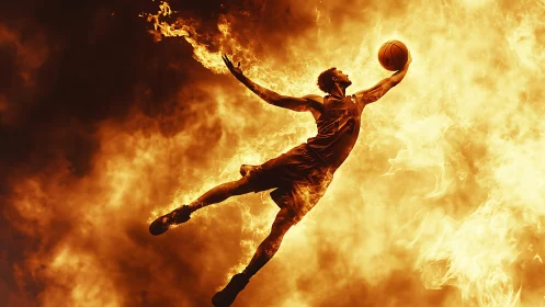 High-contrast flaming basketball dunk silhouette in midair motion