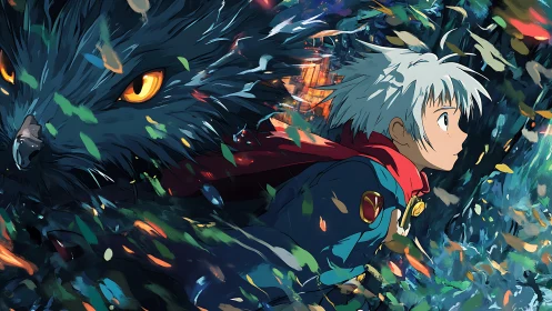 Storm of spirit feathers around boy and spectral beast.