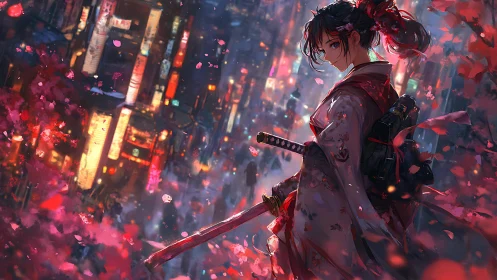 Female swordsman stands in illuminated urban street at night