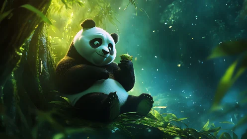 Gentle panda and tiny frog in glowing forest clearing.