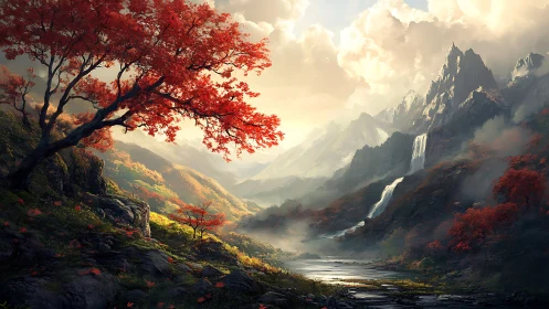 Golden valley sunrise with glowing red autumn trees.