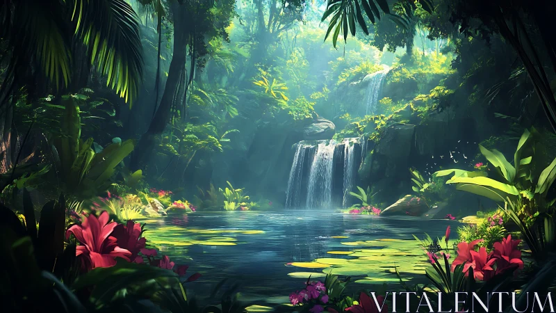 Lush jungle lagoon surrounds cascading twin waterfall