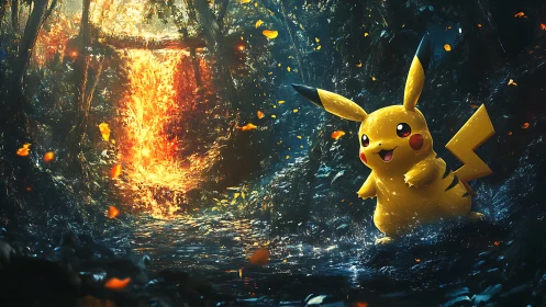 Pikachu in Subterranean Cavern with Radiant Golden Portal Gateway