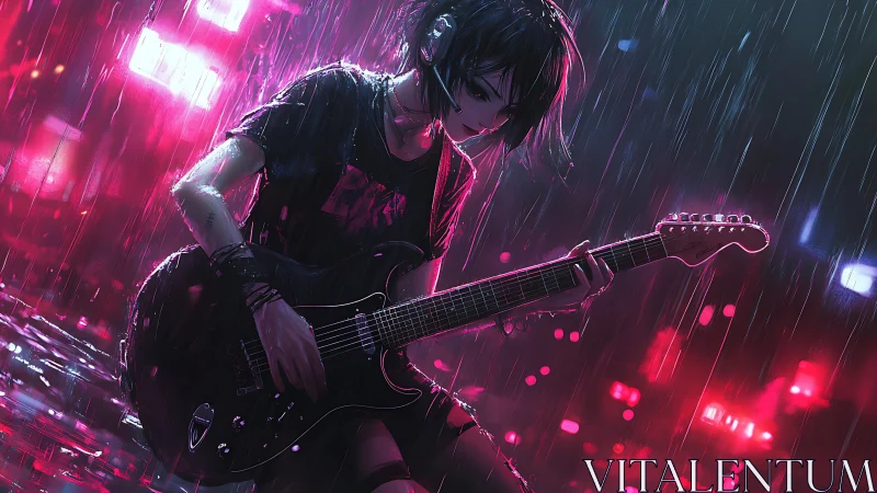 Neon rain guitarist ignites a midnight alley of electric heartbreak.