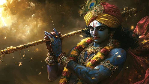 Divine blue-skinned flutist rendered in ornate digital realism