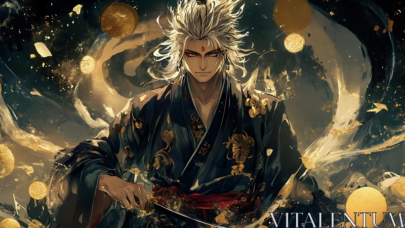 White‑haired samurai channels swirling golden cosmic power.