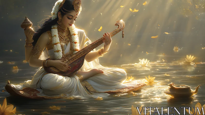 Soft backlit goddess portrait with veena on reflective water surface