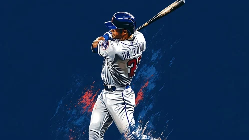 Baseball batter mid swing on bold blue graphic field.